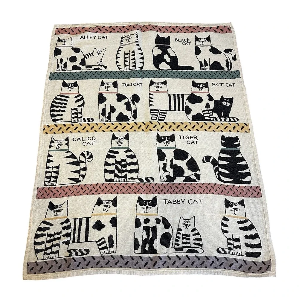 Vintage 1988 Pat Meyers Cats Throw Blanket Navy White Cotton 60x45